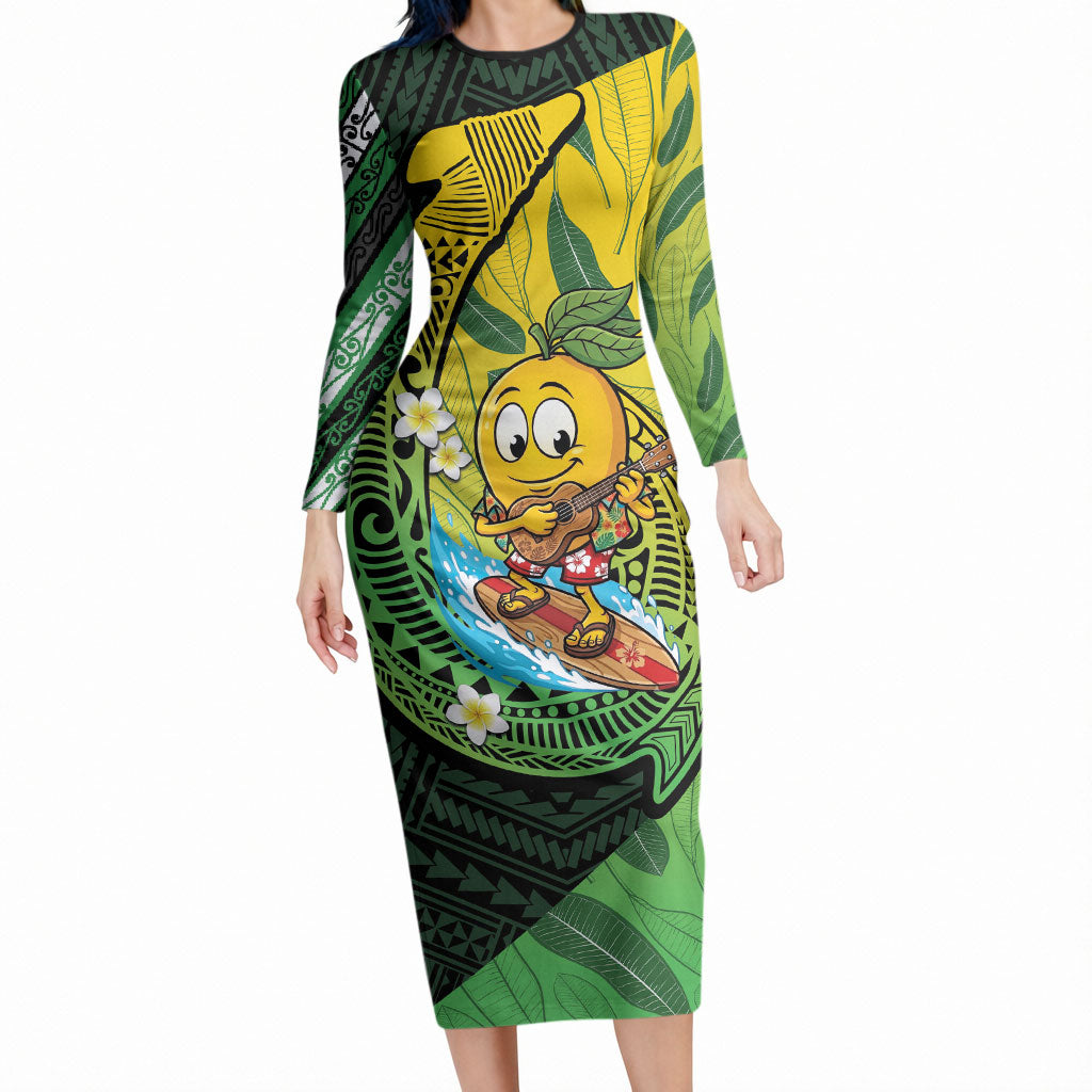 Hawaii Surfing Mango Long Sleeve Bodycon Dress Manako Polynesian Fish Hook