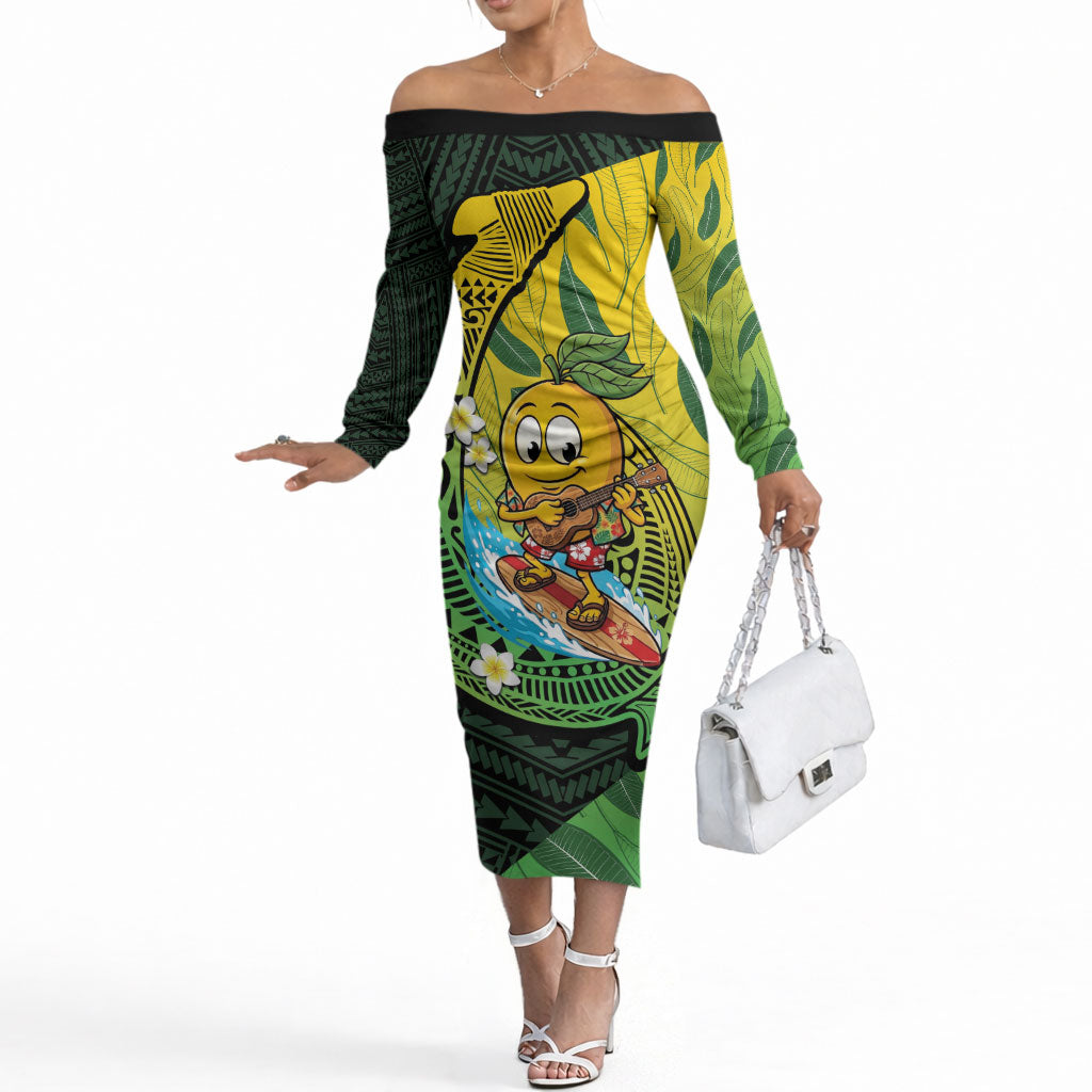 Hawaii Surfing Mango Off The Shoulder Long Sleeve Dress Manako Polynesian Fish Hook
