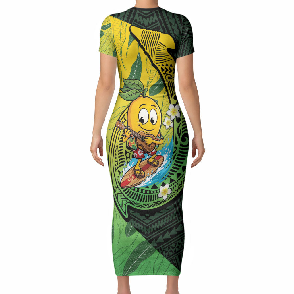 Hawaii Surfing Mango Short Sleeve Bodycon Dress Manako Polynesian Fish Hook