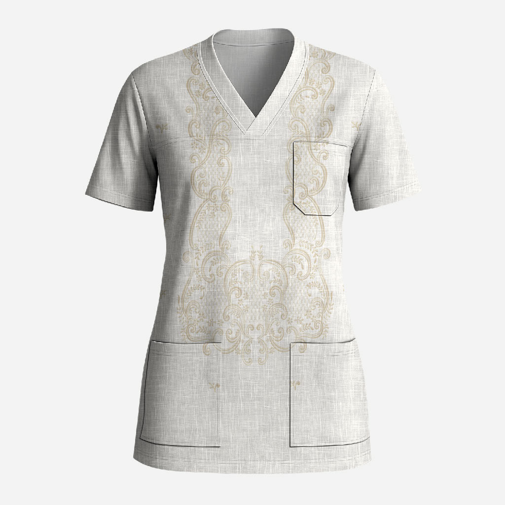 Philippines National Costume Scrub Top Barong Tagalog Inspired Ivory White Color LT14 Adult Ivory White - Polynesian Pride