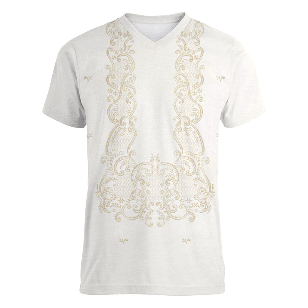 Philippines National Costume Women V-Neck T-Shirt Barong Tagalog Inspired Ivory White Color LT14 Female Ivory White - Polynesian Pride