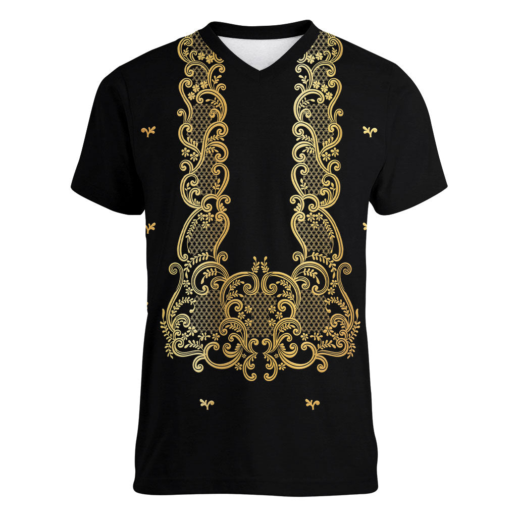 Philippines National Costume Women V-Neck T-Shirt Barong Tagalog Inspired Black Color LT14 Female Black - Polynesian Pride