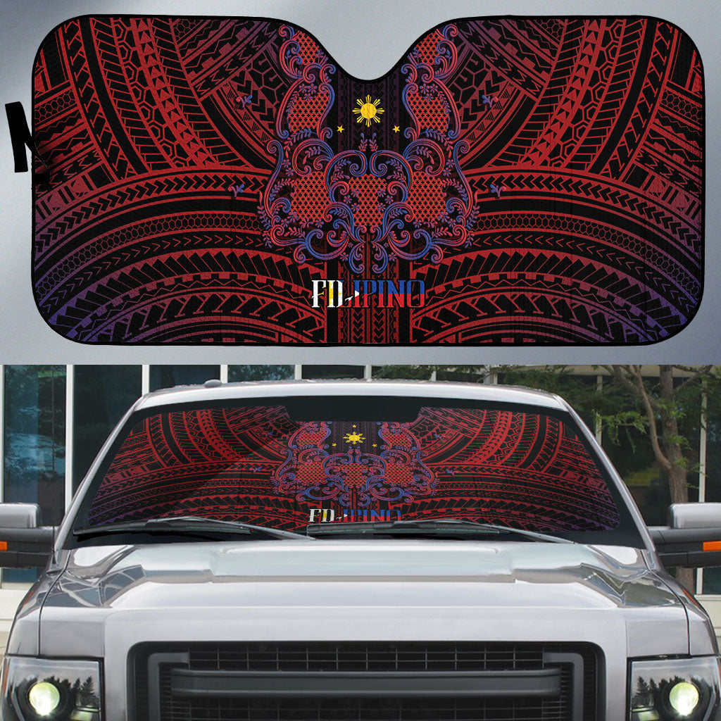 Filipino Barong Tagalog Inspired Auto Sun Shade Mabuhay Philippines Festival Polynesian Pattern LT14 Black - Polynesian Pride