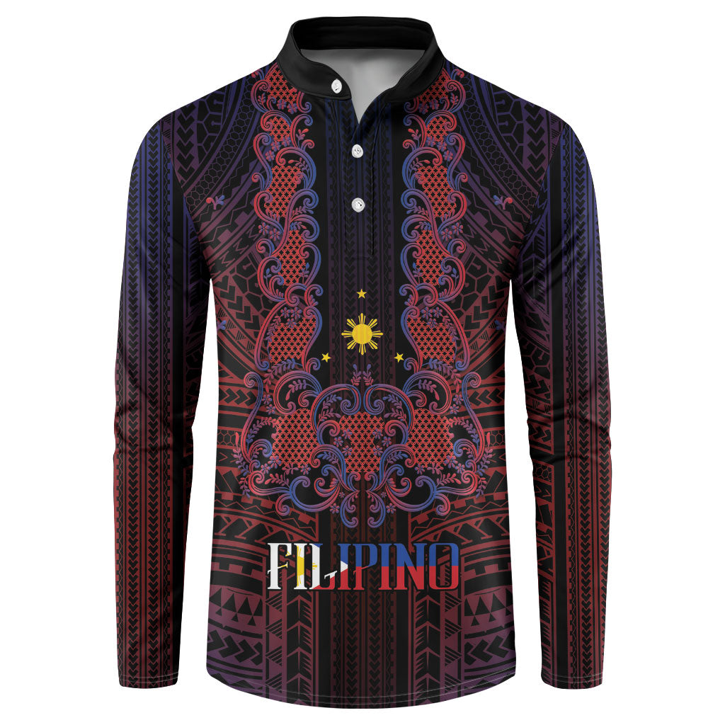 Filipino Barong Tagalog Inspired Personalised Button Sweatshirt Mabuhay Philippines Festival Polynesian Pattern LT14 Black - Polynesian Pride