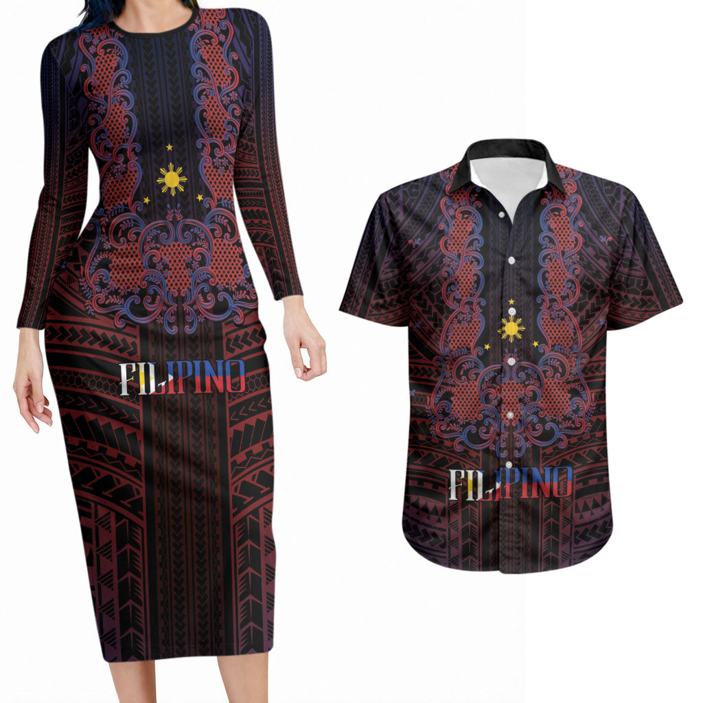 Filipino Barong Tagalog Inspired Personalised Couples Matching Long Sleeve Bodycon Dress and Hawaiian Shirt Mabuhay Philippines Festival Polynesian Pattern LT14 Black - Polynesian Pride