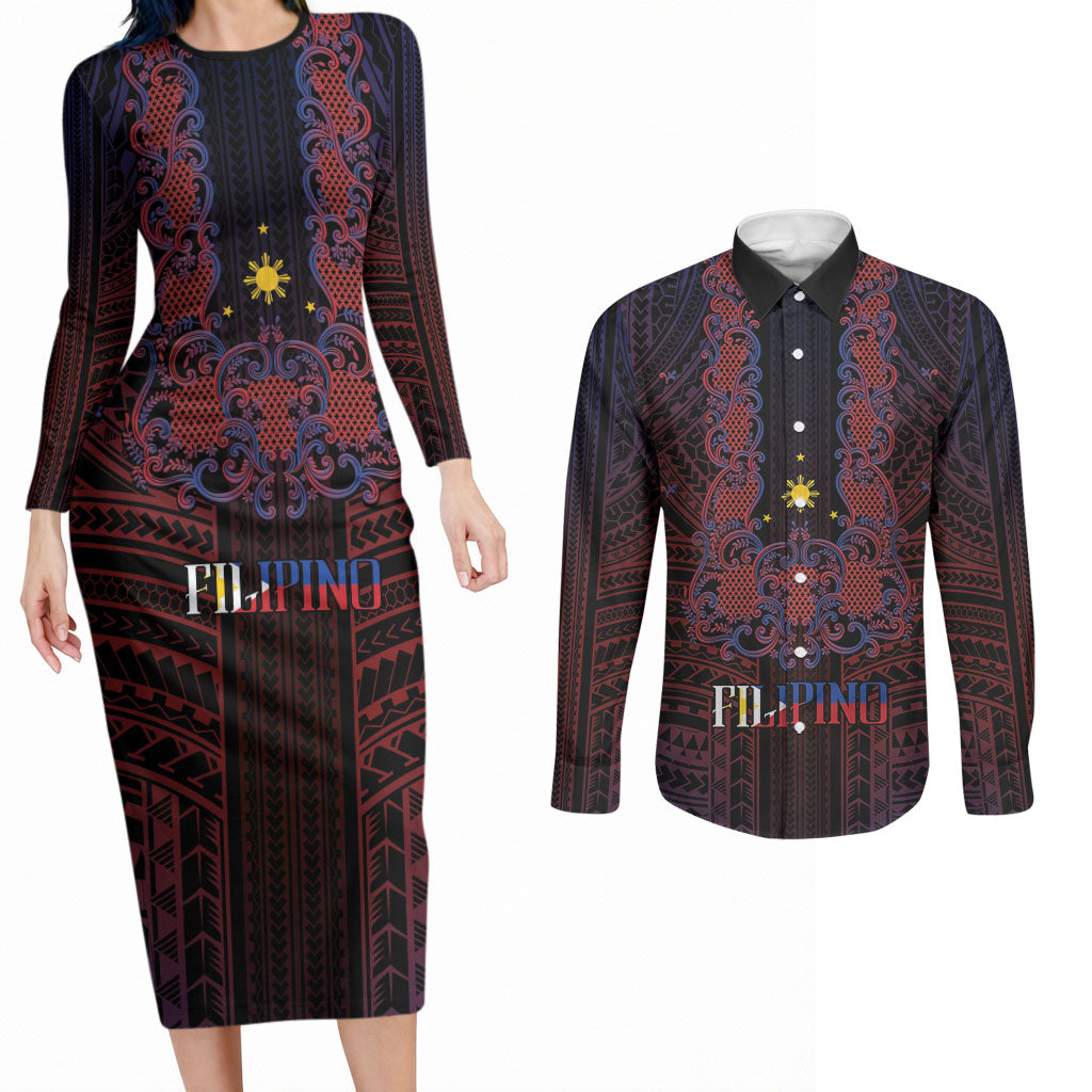 Filipino Barong Tagalog Inspired Personalised Couples Matching Long Sleeve Bodycon Dress and Long Sleeve Button Shirt Mabuhay Philippines Festival Polynesian Pattern
