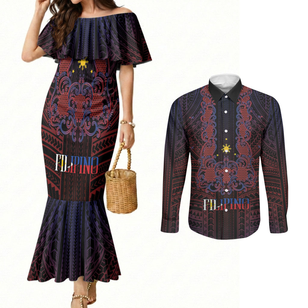 Filipino Barong Tagalog Inspired Personalised Couples Matching Mermaid Dress and Long Sleeve Button Shirt Mabuhay Philippines Festival Polynesian Pattern LT14 Black - Polynesian Pride