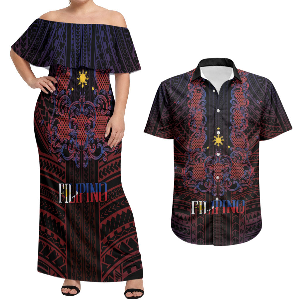 Filipino Barong Tagalog Inspired Personalised Couples Matching Off Shoulder Maxi Dress and Hawaiian Shirt Mabuhay Philippines Festival Polynesian Pattern