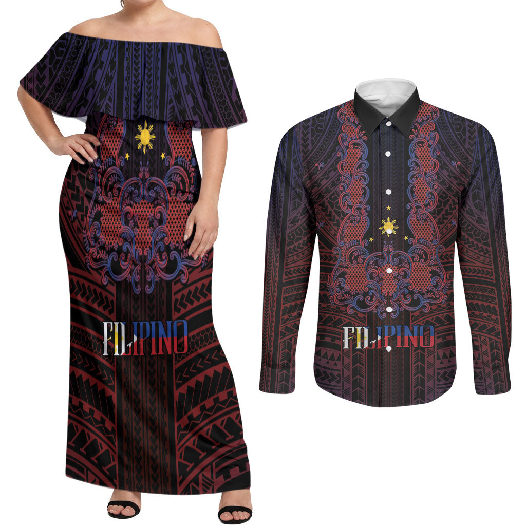 Filipino Barong Tagalog Inspired Personalised Couples Matching Off Shoulder Maxi Dress and Long Sleeve Button Shirt Mabuhay Philippines Festival Polynesian Pattern