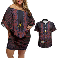 Filipino Barong Tagalog Inspired Personalised Couples Matching Off Shoulder Short Dress and Hawaiian Shirt Mabuhay Philippines Festival Polynesian Pattern LT14 Black - Polynesian Pride