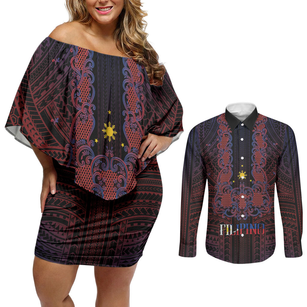 Filipino Barong Tagalog Inspired Personalised Couples Matching Off Shoulder Short Dress and Long Sleeve Button Shirt Mabuhay Philippines Festival Polynesian Pattern LT14 Black - Polynesian Pride