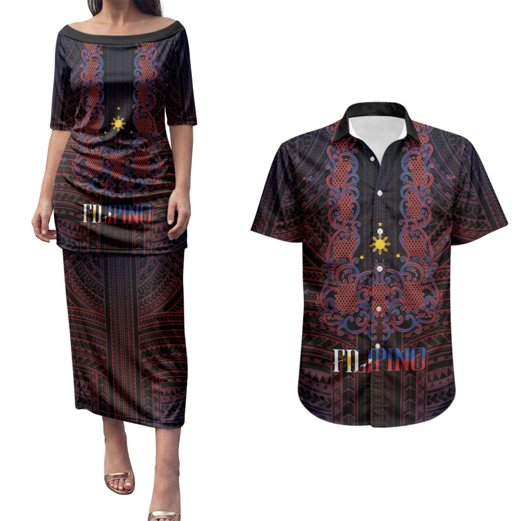 Filipino Barong Tagalog Inspired Personalised Couples Matching Puletasi and Hawaiian Shirt Mabuhay Philippines Festival Polynesian Pattern