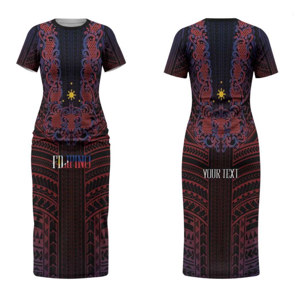 Filipino Barong Tagalog Inspired Personalised Couples Matching Short Sleeve Bodycon Dress and Long Sleeve Button Shirt Mabuhay Philippines Festival Polynesian Pattern LT14 - Polynesian Pride