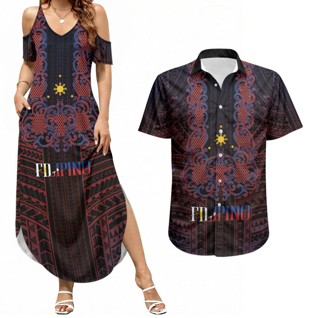Filipino Barong Tagalog Inspired Personalised Couples Matching Summer Maxi Dress and Hawaiian Shirt Mabuhay Philippines Festival Polynesian Pattern LT14 Black - Polynesian Pride