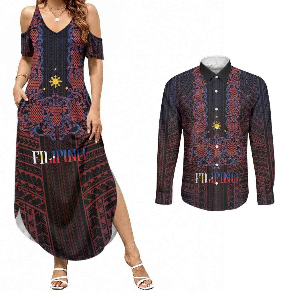 Filipino Barong Tagalog Inspired Personalised Couples Matching Summer Maxi Dress and Long Sleeve Button Shirt Mabuhay Philippines Festival Polynesian Pattern