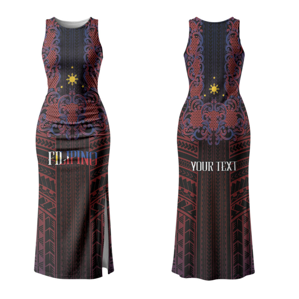 Filipino Barong Tagalog Inspired Personalised Couples Matching Tank Maxi Dress and Long Sleeve Button Shirt Mabuhay Philippines Festival Polynesian Pattern LT14 - Polynesian Pride