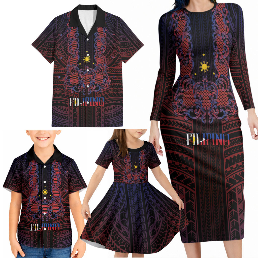 Filipino Barong Tagalog Inspired Personalised Family Matching Long Sleeve Bodycon Dress and Hawaiian Shirt Mabuhay Philippines Festival Polynesian Pattern LT14 - Polynesian Pride