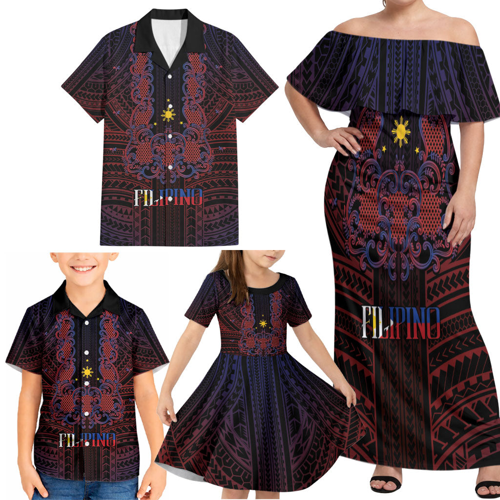 Filipino Barong Tagalog Inspired Personalised Family Matching Off Shoulder Maxi Dress and Hawaiian Shirt Mabuhay Philippines Festival Polynesian Pattern LT14 - Polynesian Pride