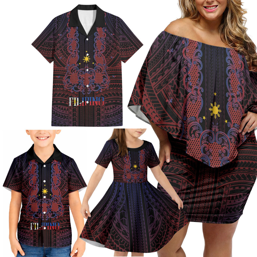 Filipino Barong Tagalog Inspired Personalised Family Matching Off Shoulder Short Dress and Hawaiian Shirt Mabuhay Philippines Festival Polynesian Pattern LT14 - Polynesian Pride