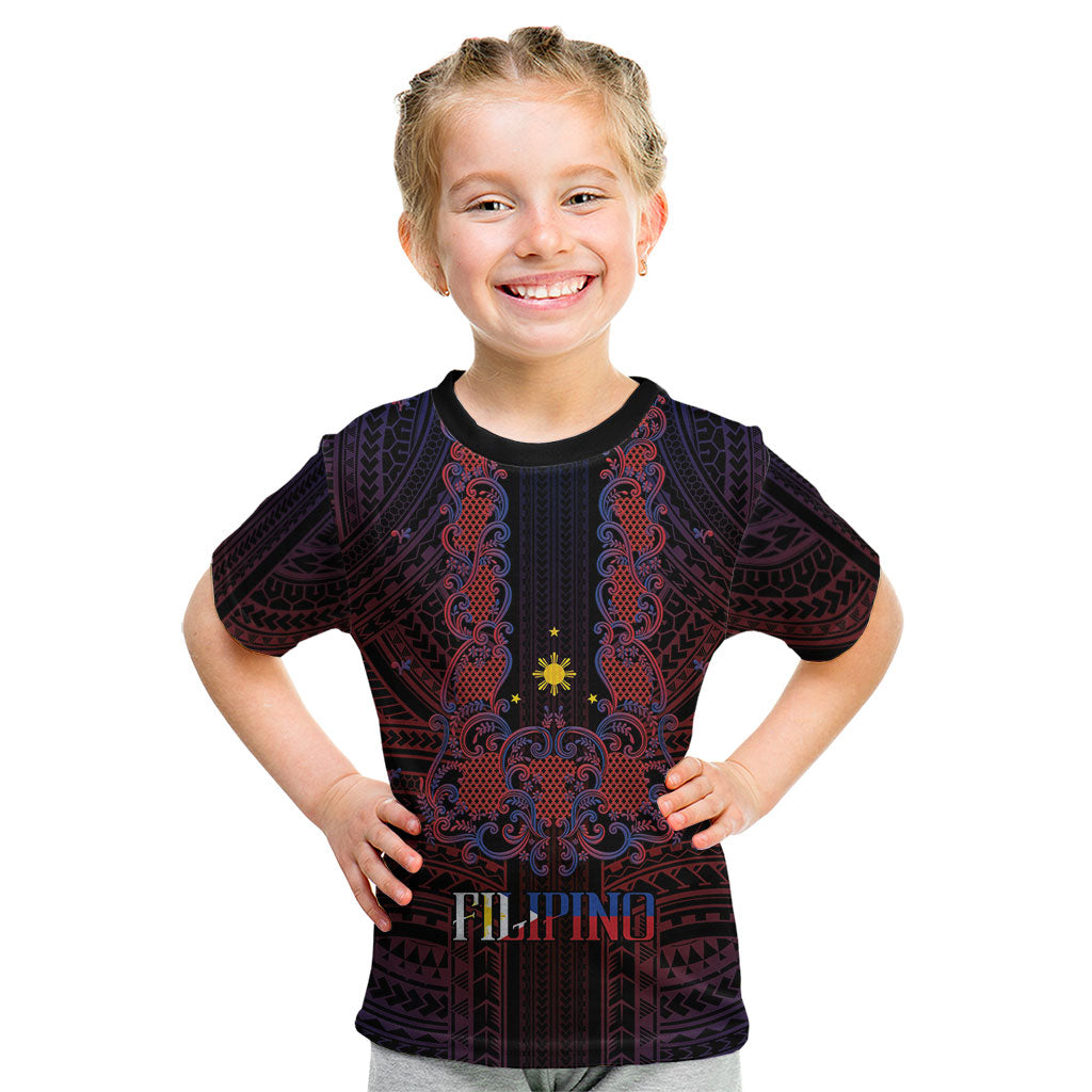Filipino Barong Tagalog Inspired Personalised Kid T Shirt Mabuhay Philippines Festival Polynesian Pattern LT14 Black - Polynesian Pride