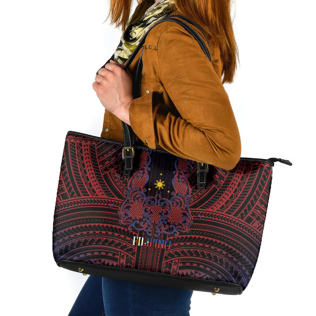 Filipino Barong Tagalog Inspired Leather Tote Bag Mabuhay Philippines Festival Polynesian Pattern LT14 Black - Polynesian Pride