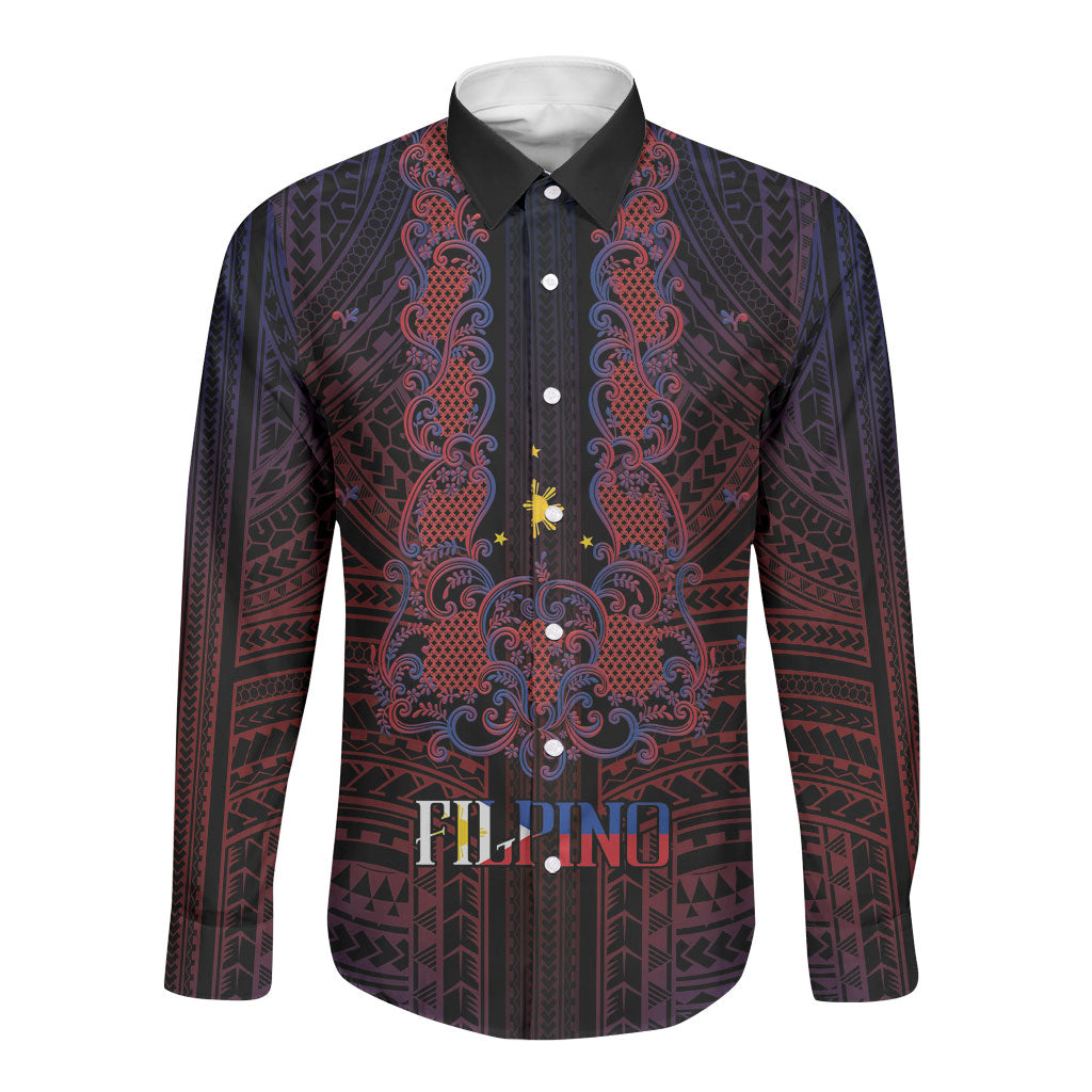 Filipino Barong Tagalog Inspired Personalised Long Sleeve Button Shirt Mabuhay Philippines Festival Polynesian Pattern LT14 Unisex Black - Polynesian Pride