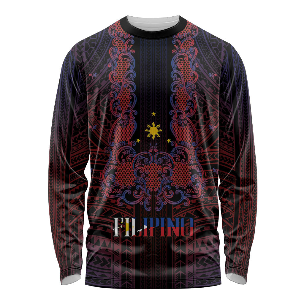 Filipino Barong Tagalog Inspired Personalised Long Sleeve Shirt Mabuhay Philippines Festival Polynesian Pattern LT14 Unisex Black - Polynesian Pride