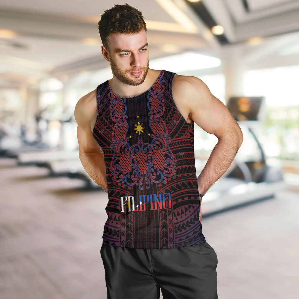 Filipino Barong Tagalog Inspired Personalised Men Tank Top Mabuhay Philippines Festival Polynesian Pattern LT14 Black - Polynesian Pride