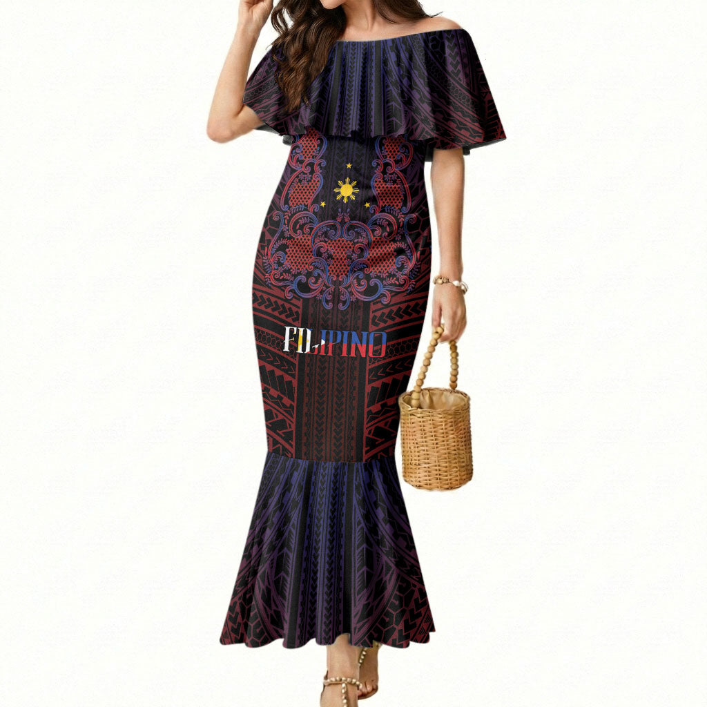 Filipino Barong Tagalog Inspired Personalised Mermaid Dress Mabuhay Philippines Festival Polynesian Pattern LT14 Women Black - Polynesian Pride