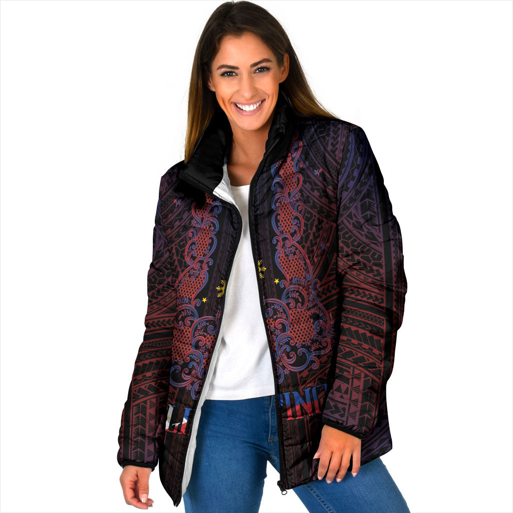 Filipino Barong Tagalog Inspired Personalised Padded Jacket Mabuhay Philippines Festival Polynesian Pattern LT14 Women Black - Polynesian Pride