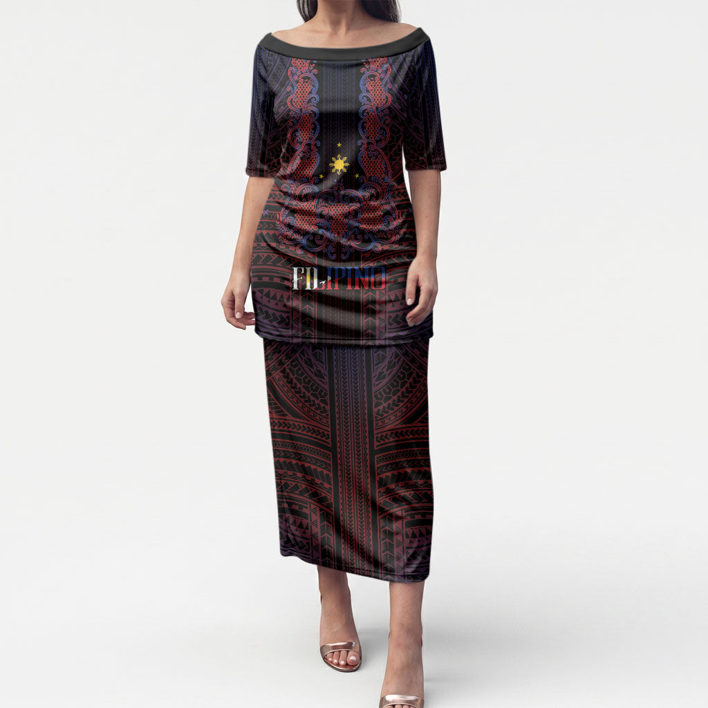 Filipino Barong Tagalog Inspired Personalised Puletasi Mabuhay Philippines Festival Polynesian Pattern LT14 Long Dress Black - Polynesian Pride