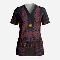 Filipino Barong Tagalog Inspired Personalised Scrub Top Mabuhay Philippines Festival Polynesian Pattern LT14 Adult Black - Polynesian Pride