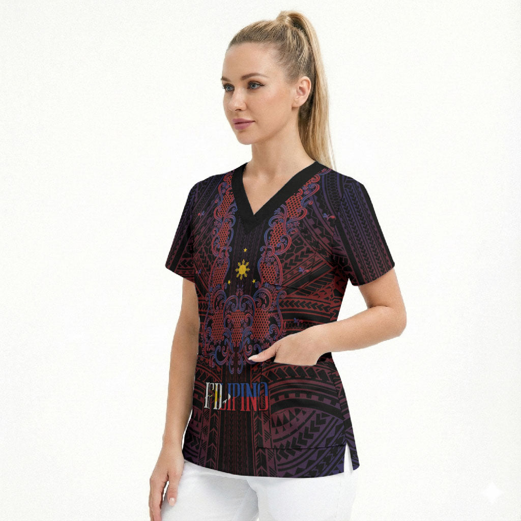 Filipino Barong Tagalog Inspired Personalised Scrub Top Mabuhay Philippines Festival Polynesian Pattern LT14 - Polynesian Pride