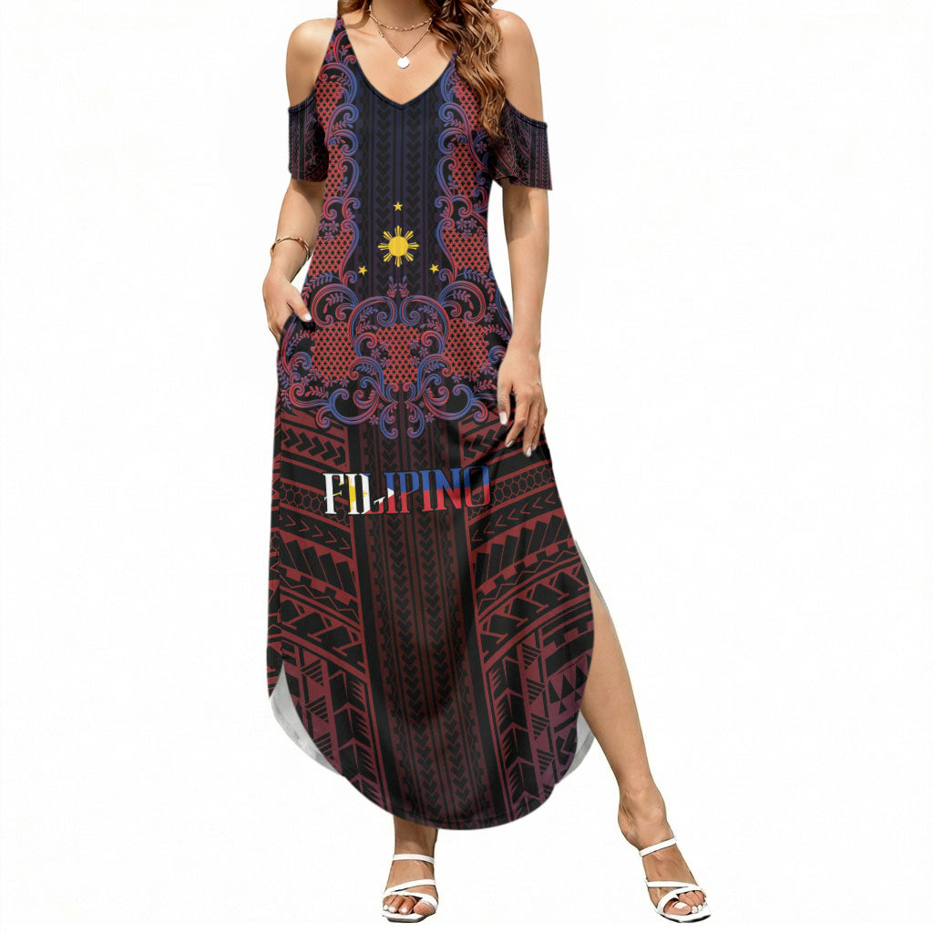 Filipino Barong Tagalog Inspired Personalised Summer Maxi Dress Mabuhay Philippines Festival Polynesian Pattern LT14 Women Black - Polynesian Pride