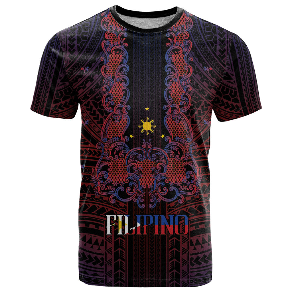 Filipino Barong Tagalog Inspired Personalised T Shirt Mabuhay Philippines Festival Polynesian Pattern LT14 Black - Polynesian Pride