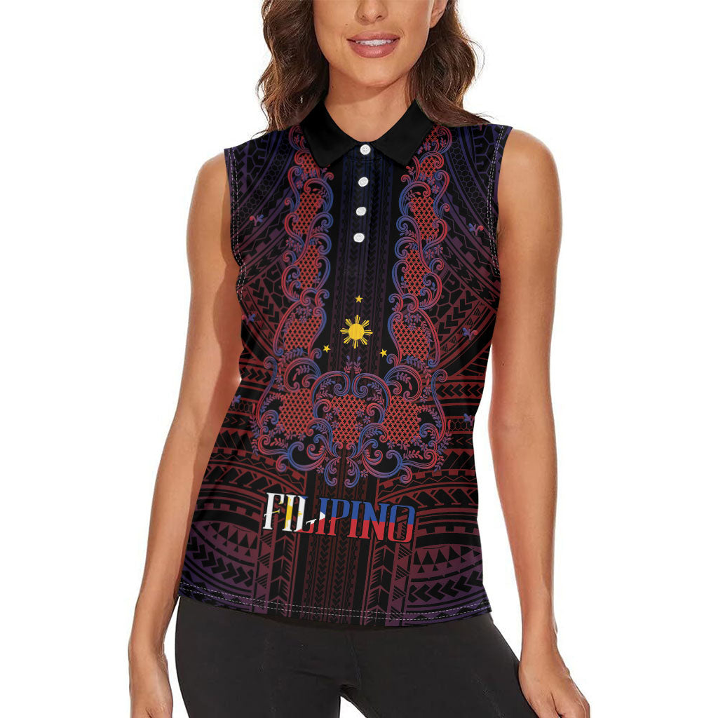 Filipino Barong Tagalog Inspired Personalised Women Sleeveless Polo Shirt Mabuhay Philippines Festival Polynesian Pattern LT14 - Polynesian Pride