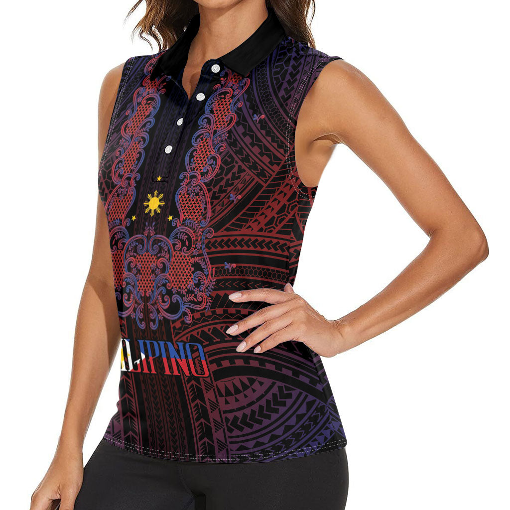 Filipino Barong Tagalog Inspired Personalised Women Sleeveless Polo Shirt Mabuhay Philippines Festival Polynesian Pattern LT14 - Polynesian Pride