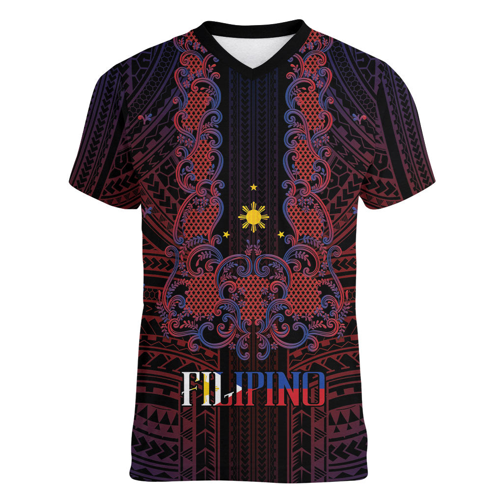 Filipino Barong Tagalog Inspired Personalised Women V-Neck T-Shirt Mabuhay Philippines Festival Polynesian Pattern LT14 Female Black - Polynesian Pride