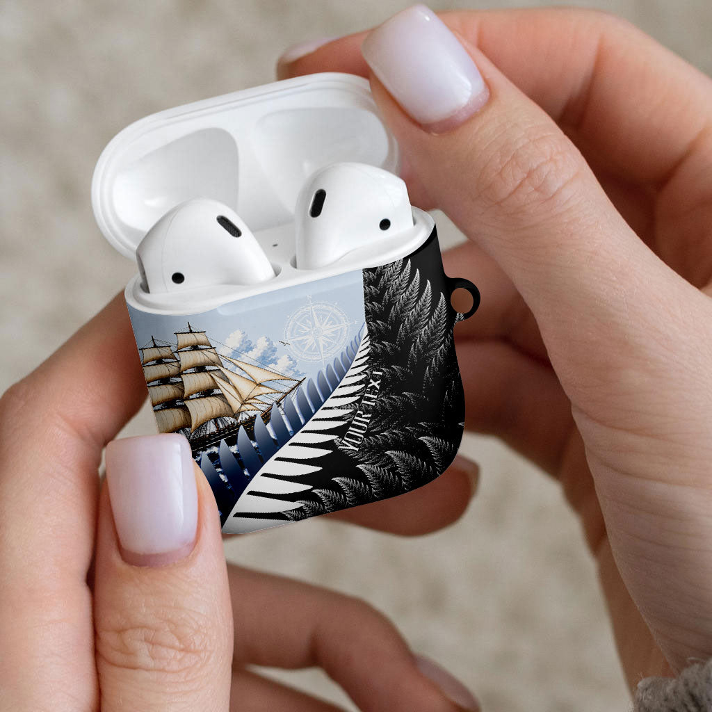 Personalised New Zealand Pakeha AirPods Case Kiwi Silver Fern and Sailing Ship Compass LT14 - Polynesian Pride