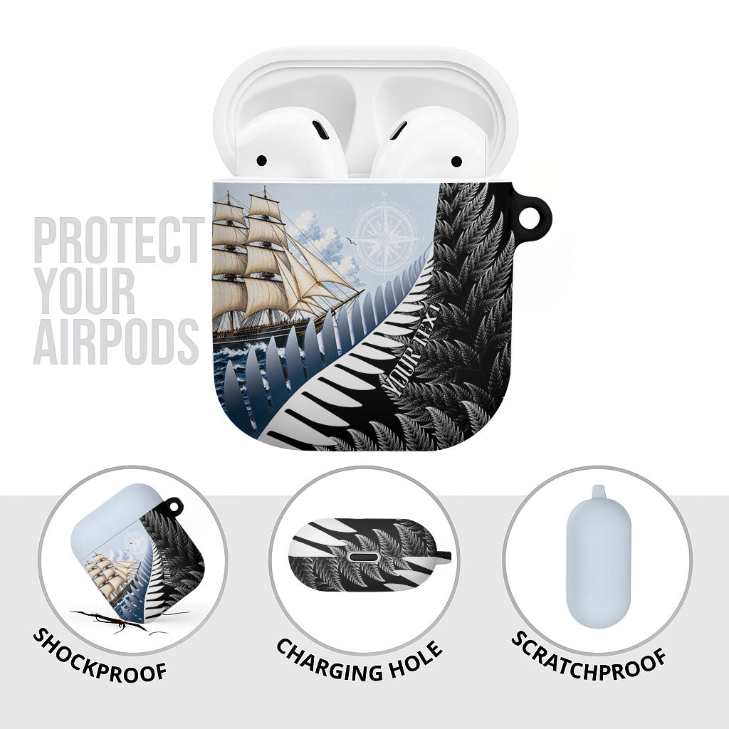 Personalised New Zealand Pakeha AirPods Case Kiwi Silver Fern and Sailing Ship Compass LT14 - Polynesian Pride