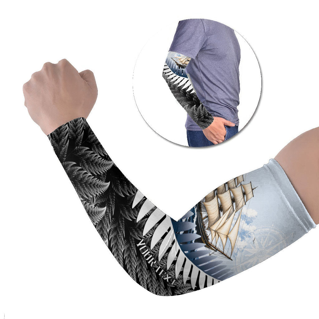Personalised New Zealand Pakeha Arm Sleeves Kiwi Silver Fern and Sailing Ship Compass LT14 Set of 2 Blue - Polynesian Pride
