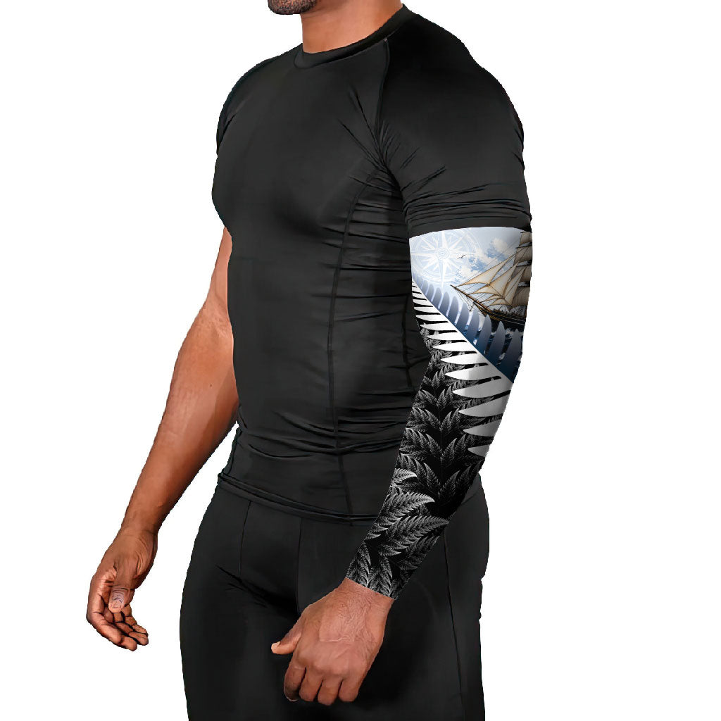 Personalised New Zealand Pakeha Arm Sleeves Kiwi Silver Fern and Sailing Ship Compass LT14 - Polynesian Pride