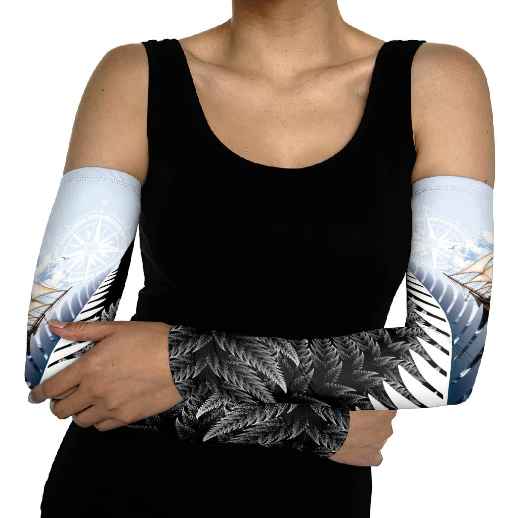 Personalised New Zealand Pakeha Arm Sleeves Kiwi Silver Fern and Sailing Ship Compass LT14 - Polynesian Pride