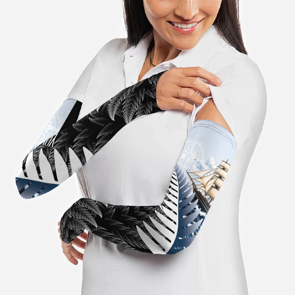 Personalised New Zealand Pakeha Arm Sleeves Kiwi Silver Fern and Sailing Ship Compass LT14 - Polynesian Pride