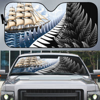 Personalised New Zealand Pakeha Auto Sun Shade Kiwi Silver Fern and Sailing Ship Compass LT14 Blue - Polynesian Pride