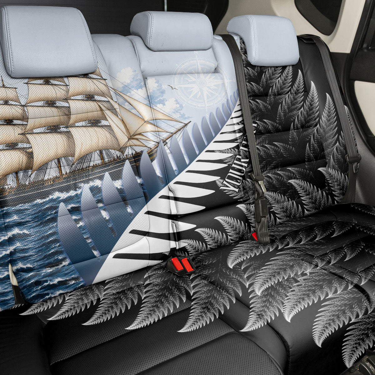 Personalised New Zealand Pakeha Back Car Seat Cover Kiwi Silver Fern and Sailing Ship Compass LT14 - Polynesian Pride
