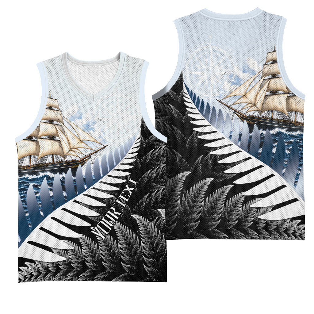 Personalised New Zealand Pakeha Basketball Jersey Kiwi Silver Fern and Sailing Ship Compass LT14 - Polynesian Pride
