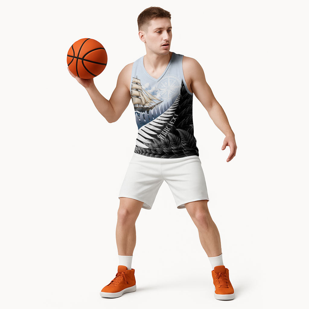 Personalised New Zealand Pakeha Basketball Jersey Kiwi Silver Fern and Sailing Ship Compass LT14 - Polynesian Pride