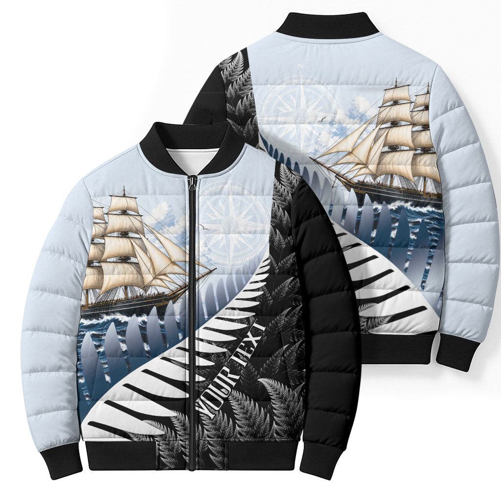 Personalised New Zealand Pakeha Bomber Puffer Jacket Kiwi Silver Fern and Sailing Ship Compass LT14 - Polynesian Pride