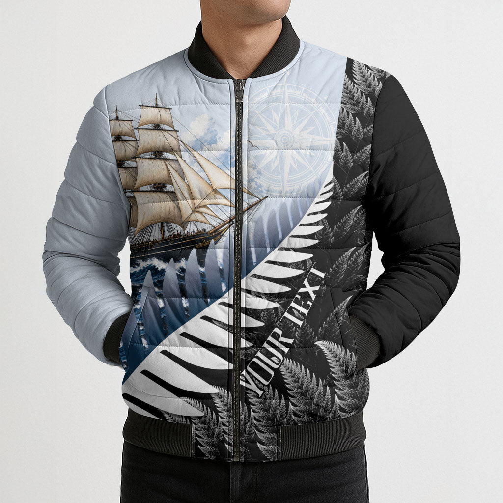 Personalised New Zealand Pakeha Bomber Puffer Jacket Kiwi Silver Fern and Sailing Ship Compass LT14 - Polynesian Pride